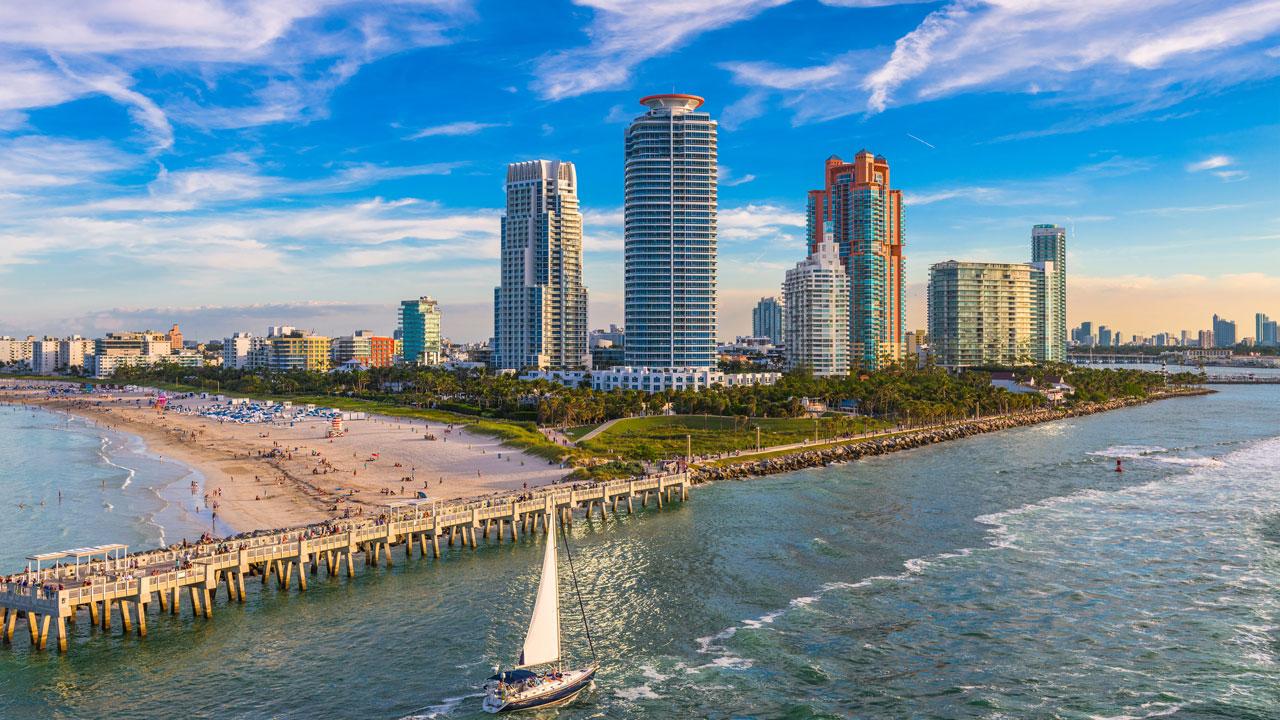 Aerial shot of Miami Beach, Florida, where Tetra Tech has designed adaptation solutions to promote climate resilience